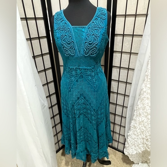 Reba Vibrant TURQUOISE/TEAL SLEEVELESS LACE FIT & FLARE RETRO MIDI DRESS SIZE M - Picture 3 of 10